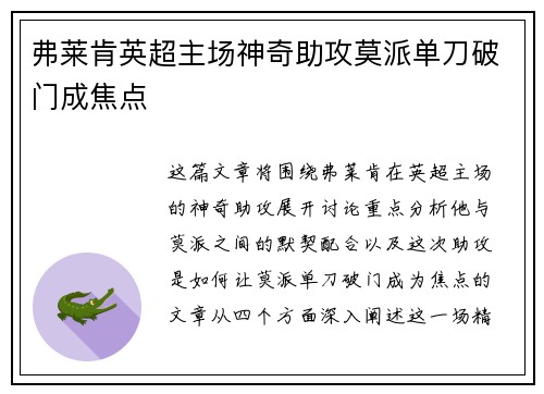 弗莱肯英超主场神奇助攻莫派单刀破门成焦点 弗莱肯英超主场神奇助攻莫派单刀破门成焦点